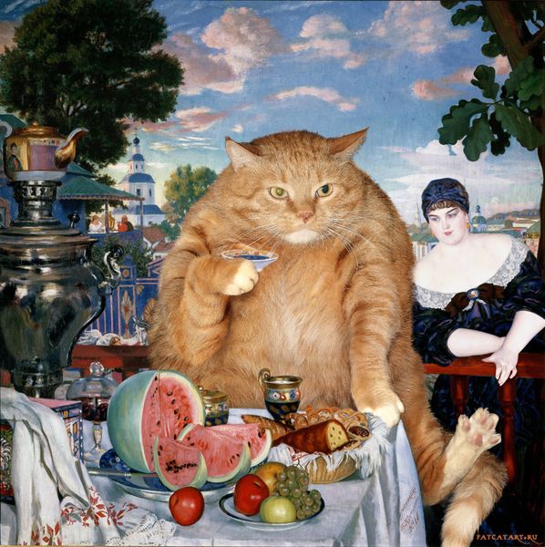 Kustodiev_Boris_-_Merchants_Wife_at_Tea_-cat-w_resultat