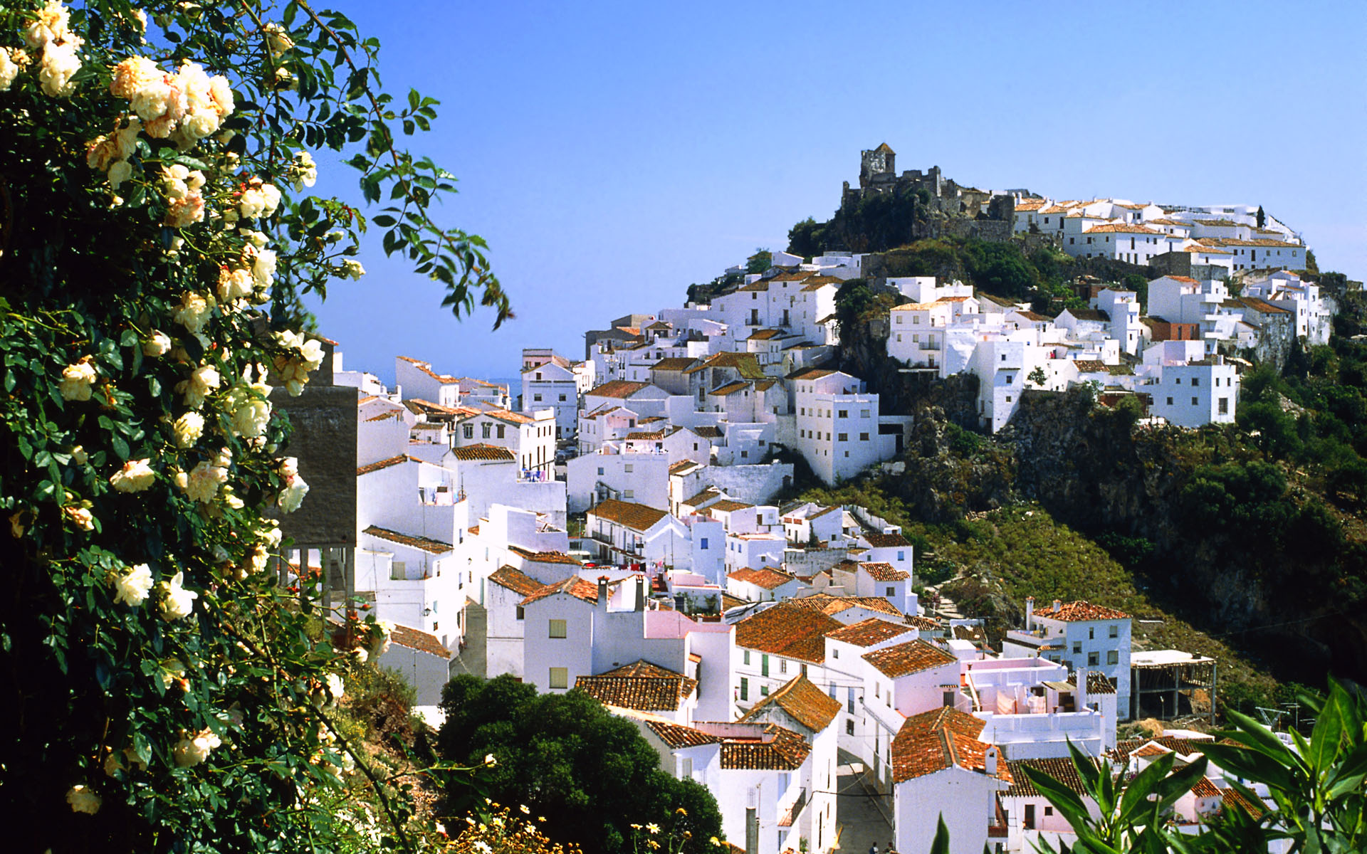 Look at the mountain village Casares, Malaga, Spain