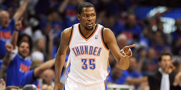 May 3, 2014; Oklahoma City, OK, USA; Oklahoma City Thunder forward Kevin Durant (35) reacts after making a shot against the Memphis Grizzlies during the first quarter in game seven of the first round of the 2014 NBA Playoffs at Chesapeake Energy Arena. Mandatory Credit: Mark D. Smith-USA TODAY Sports