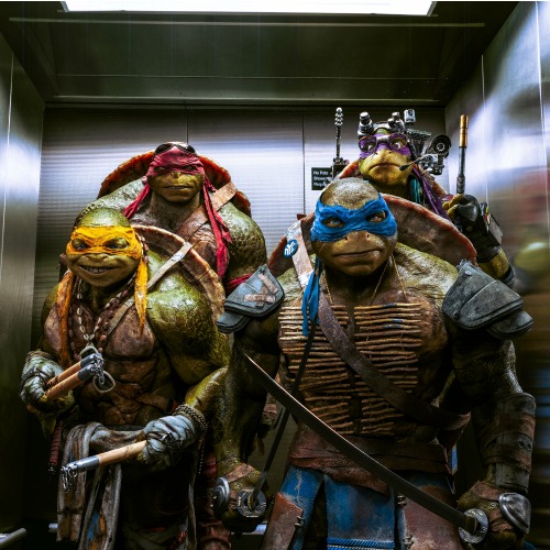 Left to right: Michelangelo, Raphael, Leonardo, and Donatello in TEENAGE MUTANT NINJA TURTLES, from Paramount Pictures and Nickelodeon Movies.