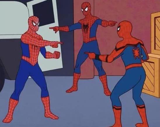 Even with the three spiderman pointing fingers at each other