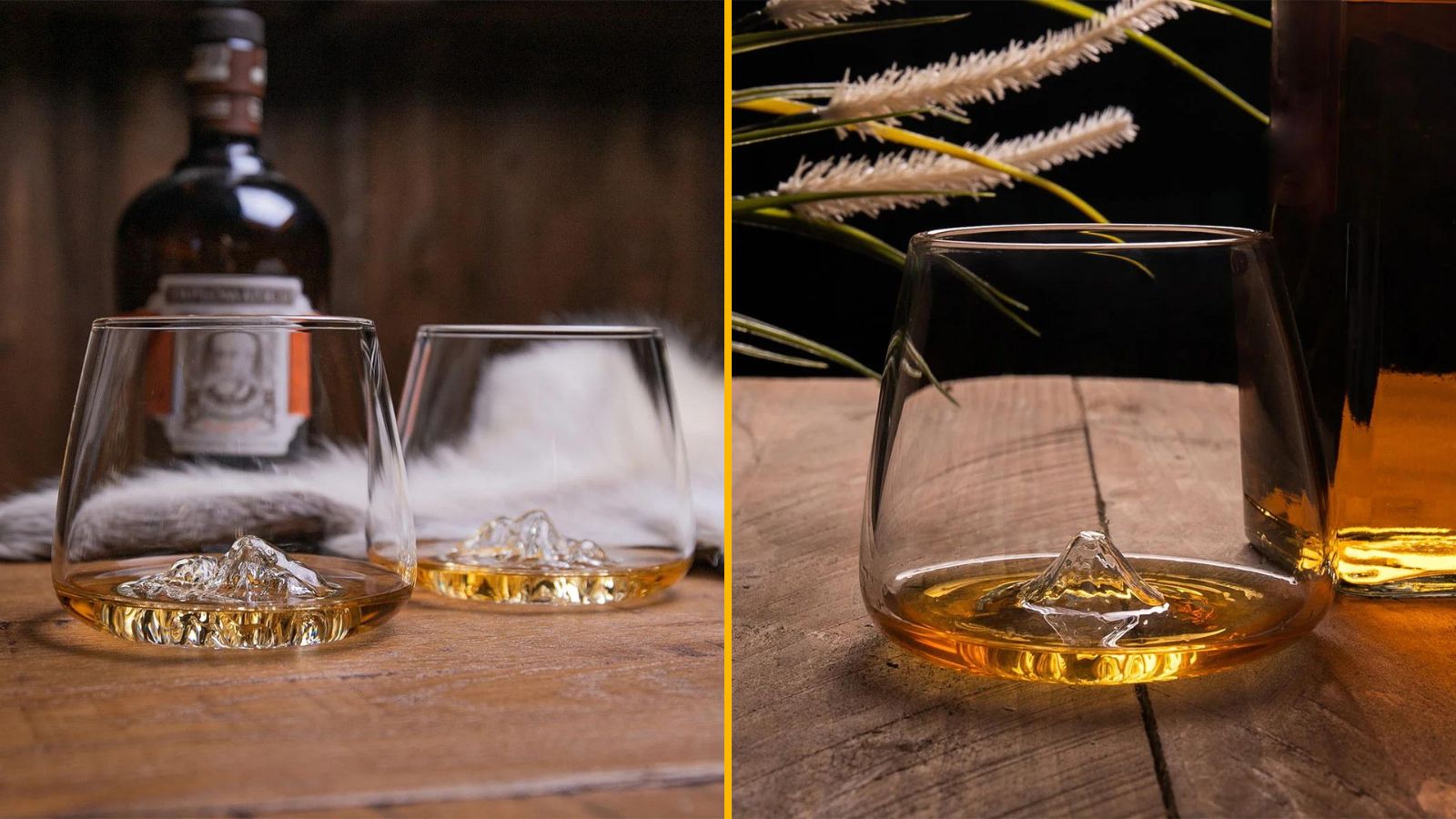 Des verres à whisky avec reliefs de montagnes dans le fond, pour boire avec style
