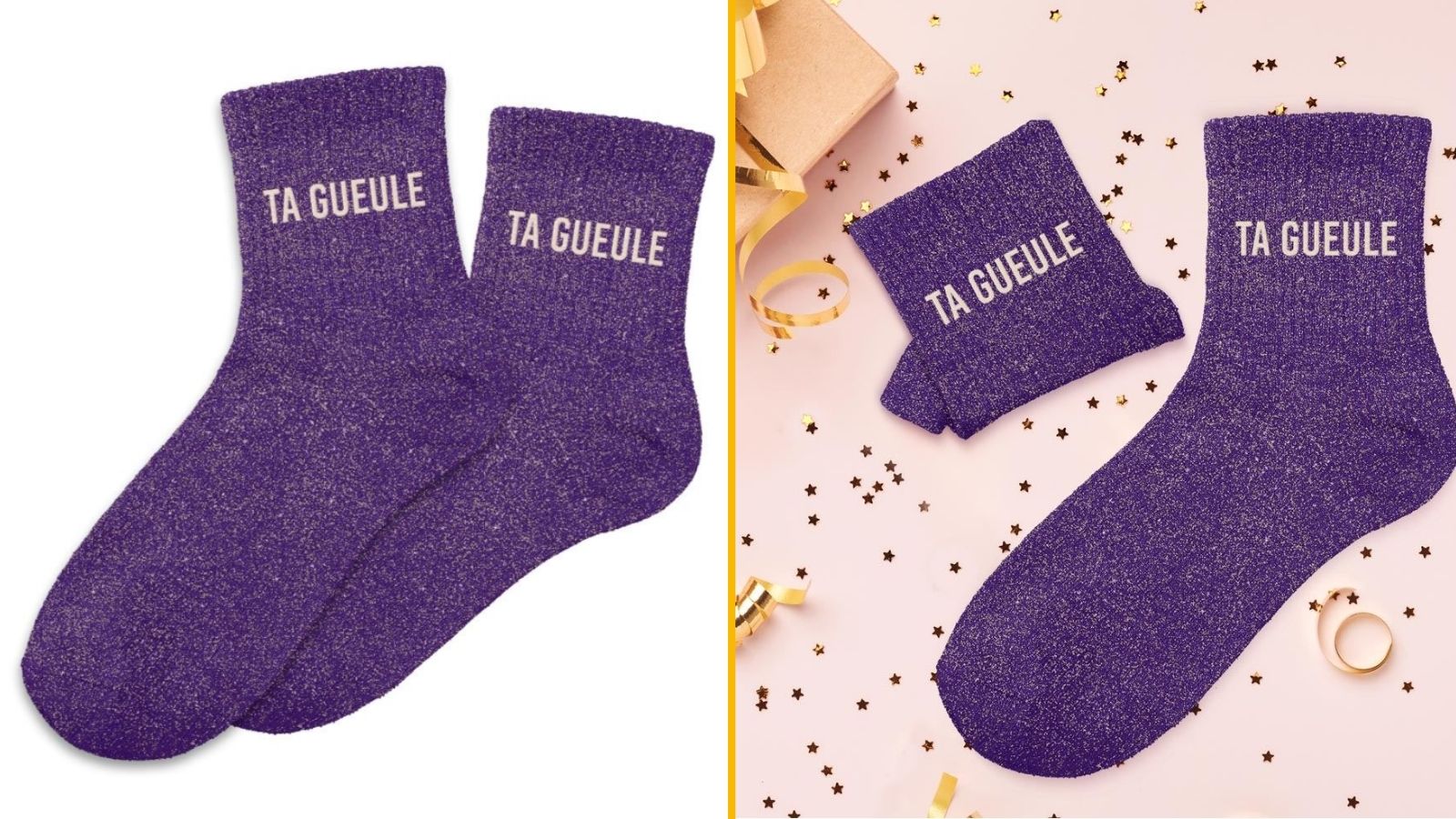 Des chaussettes à paillettes TA GUEULE, pour fermer des bouches