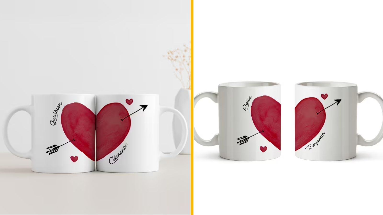 Un duo de mugs personnalisés avec un joli coeur, pour des cafés romantiques